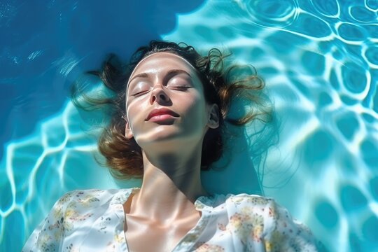 High angle view of woman relaxing in the swimming pool