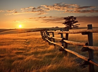 Obraz premium A rural landscape adorned with fields of verdant grass, harmonizing with the hues of a setting sun in the background.