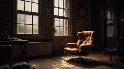 With a vertical poster on a brick wall in between two black metal windows, the sketch is transformed into a real loft environment. The leather armchair is in the room alongside a coffee. - obrazy, fototapety, plakaty