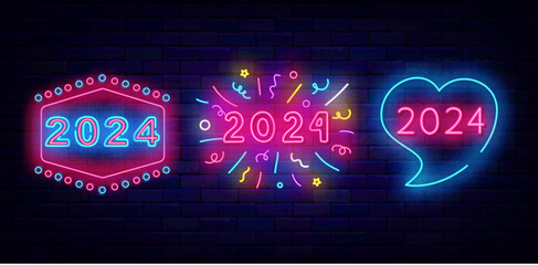 2024 neon labels collection. Happy New Year signs on brick wall. Comics firework frame. Vector stock illustration
