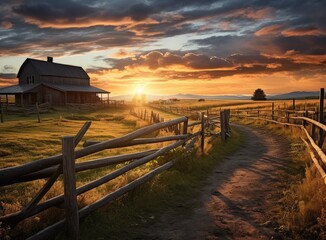 A rural landscape adorned with fields of verdant grass, harmonizing with the hues of a setting sun in the background.