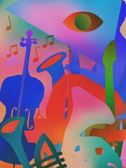 Colorful music poster with musical instruments. Gradient-colored vector design with violoncello, trumpet, saxophone, guitar, piano, and French horn for party, live concert events and music festivals