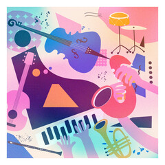 Multicolored hand-drawn jazz music session poster with piano, sax, guitar, trumpet and violoncello. Artsy promo flyer or invitation. Colorful concert event doodle background with musical instruments	 - obrazy, fototapety, plakaty