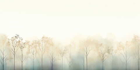Misty mood in the winter forest. Gold, grey, brown beige, pale blue and green ink trees illustration. Romantic and mourning landscape for seasonal or condolence greetings. - obrazy, fototapety, plakaty