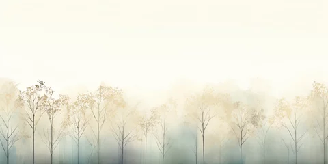 Gordijnen Misty mood in the winter forest. Gold, grey, brown beige, pale blue and green ink trees illustration. Romantic and mourning landscape for seasonal or condolence greetings. © Caphira Lescante