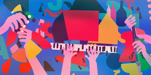 Modern music poster with abstract and minimalistic musical instruments assembled from colorful geometric forms and shapes. Vibrant musical collage with violoncello, saxophone and piano	 - 640007261