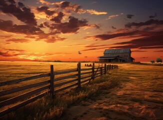 Obraz premium A rural landscape adorned with fields of verdant grass, harmonizing with the hues of a setting sun in the background.