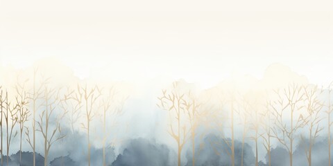 Misty mood in the winter forest. Gold, grey, brown beige, pale blue and green ink trees illustration. Romantic and mourning landscape for seasonal or condolence greetings.