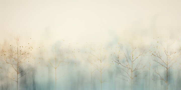 Misty mood in the winter forest. Gold, grey, brown beige, pale blue and green ink trees illustration. Romantic and mourning landscape for seasonal or condolence greetings.