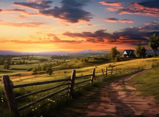 A rural landscape adorned with fields of verdant grass, harmonizing with the hues of a setting sun in the background.