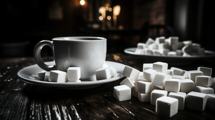 Sugar cubes overflowing in a cup of coffee.