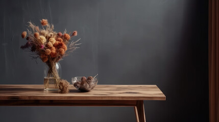 Wooden table with vase with bouquet of dried flowers near empty, blank wall. Home interior background with copy space.