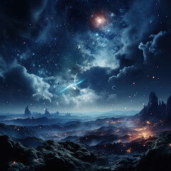 Fototapeta premium A starry black sky glowing blue clouds planets stars 