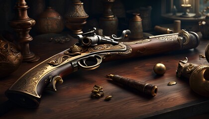 Old pirate flintlock pistol laying on a table
