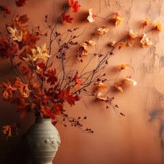 Autumn background with vase and ginger plant, ginger leaves