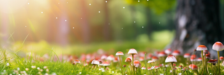 banner of a meadow with mushrooms against bokeh background