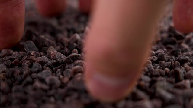 Black Kala Namak Himalayan salt. Hand takes pinch of dark fired crystals. Macro shot