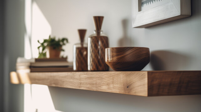 Wood floating shelf on white wall. Storage organization for home. Interior design of modern living room.