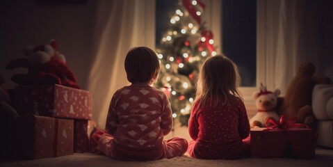Two kids before slipping time,  sitting together and looking at Christmas tree, view from the back