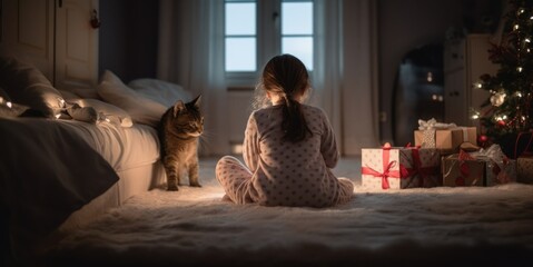 Little girl in pyjama  and her cat in the evening time , by  Christmas tree and presents 