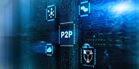 Peer to peer. P2P on futuristic background mixed media
