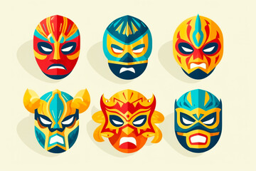 Set of masks for wrestlers Lucha libre. Mexican luchador mask design mockup set.