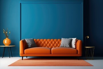 Orange sofa and blue wall in modern living room.