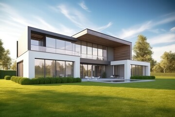 Modern farmhouse on meadow hill for real estate concept.