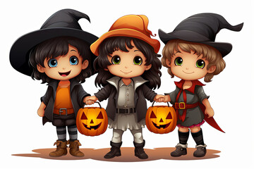Cartoon cute children in costumes Trick or Treating with jack o lantern on white background