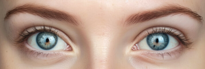 Young beautiful woman with blue eyes, closeup detail to her face, both iris visible. Generative AI