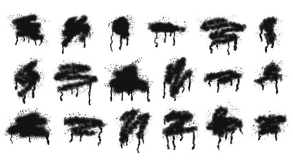 Set of black ink stains painted with aerosol spray with drops and smudges. Collection of graffiti, street art, stencil, template. Vector isolated on white - obrazy, fototapety, plakaty