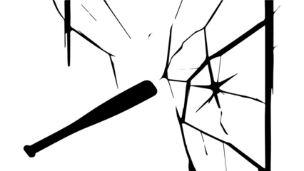 Foto op Aluminium Vandalism, hooliganism. A baseball bat breaks a glass window, the window cracks. Street crime, aggression, damage, robbery. Vector. Silhouette. Black and white drawing © Jafree