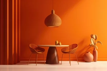 Fotobehang Orange room with chairtablepampas and orange wall background © GalleryGlider