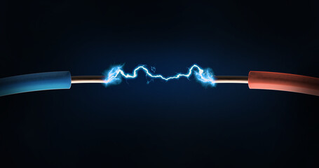 electric arc energy discharge spark between two cables - obrazy, fototapety, plakaty