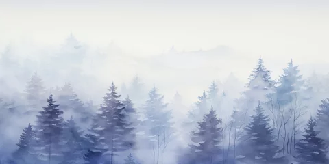 Deurstickers Misty mood in the winter forest. Gold, grey, violet, mauve, pale blue ink trees illustration. Romantic and mourning landscape for seasonal or condolence greetings. © Caphira Lescante