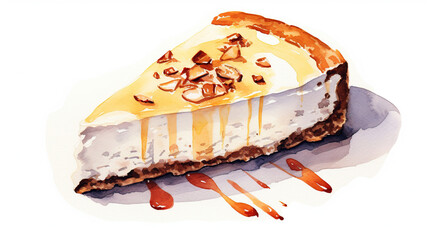 piece of cheesecake with caramel , watercolor