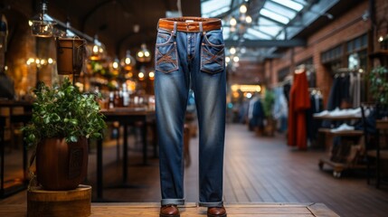 Obraz premium A pair of fashionable jeans displayed on a wooden hanger