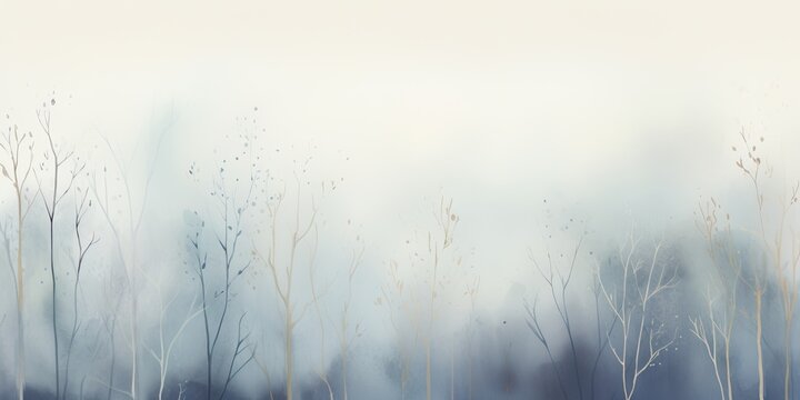 Misty mood in the winter forest. Gold, grey, violet, mauve, pale blue ink trees illustration. Romantic and mourning landscape for seasonal or condolence greetings.