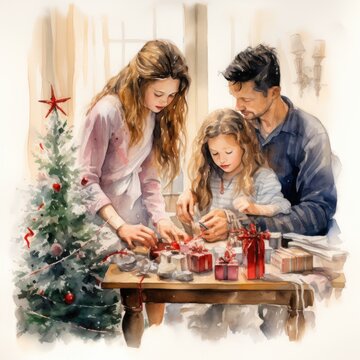 Mom, Dad and a daughter pack presents near the Christmas tree