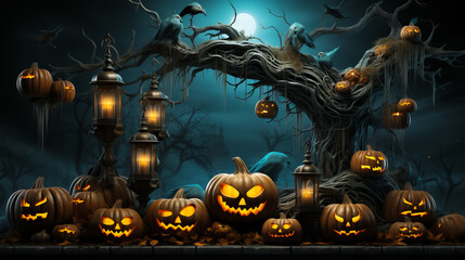 Fototapeta premium Halloween background of Halloween pumpkins with cut out faces. Glow and spooky tree. Moon and fog