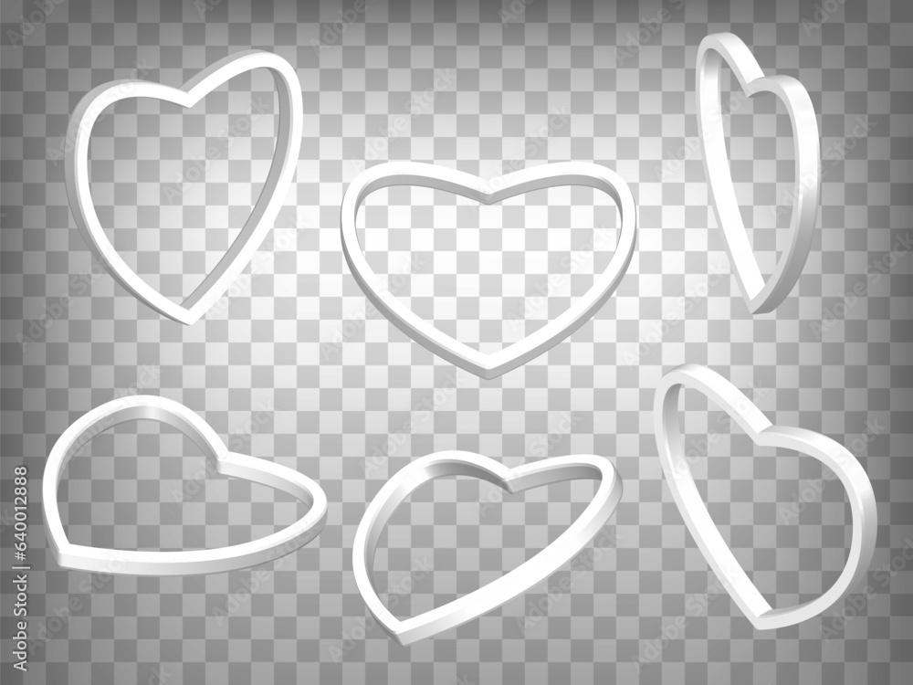 Poster set of 3d decorative white heart on transparent background. white heart3d icon illustration with dif
