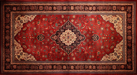 Top view red persian carpet on antique floor