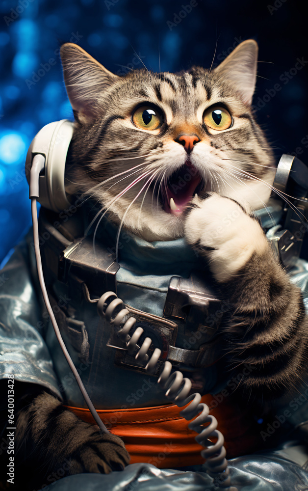 Wall mural surprised astronaut cat in a spacesuit in a spaceship plows the expanses of the universe