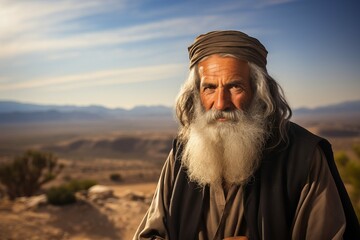Elderly Man with White Beard Dressed as Ancient Patriarch in Desert from Religion Story, Religious or Bible Character or Father of Faith - obrazy, fototapety, plakaty