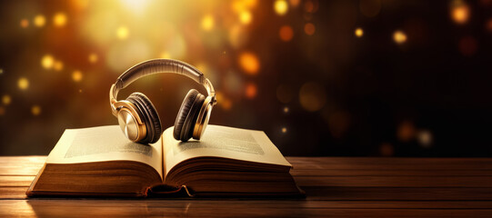 Headphones placed over opened book - audiobooks concept. Generative AI