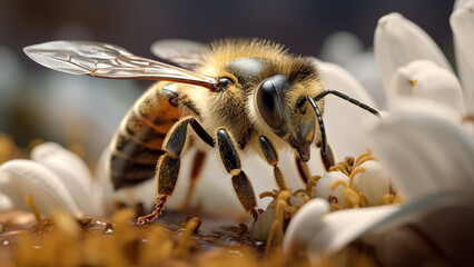 Bee on a white flower macro photograph