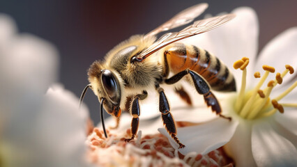 Bee on a white flower macro photograph
