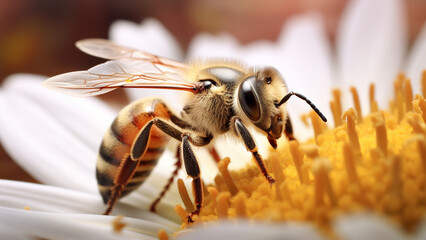 Bee on a white flower macro photograph