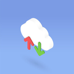 Isometric cloud download and upload icon. Internet data, media loading, transfer, share, cloud computing, virtual server storage concept. 3d vector load button isolated on blue background