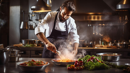 Professional handsome male chef professional photo, cooking in restaurant